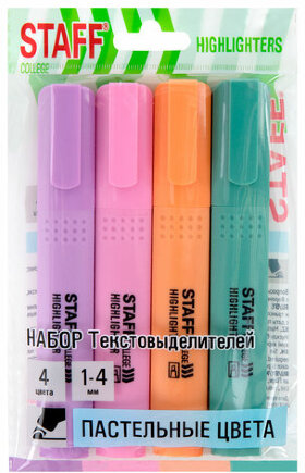 Набор текстовыделителей 4 ПАСТЕЛЬНЫХ ЦВЕТА, АССОРТИ, STAFF College &quot;STICK PASTEL&quot;, линия письма 1-4 мм, скошенный наконечник, 152531