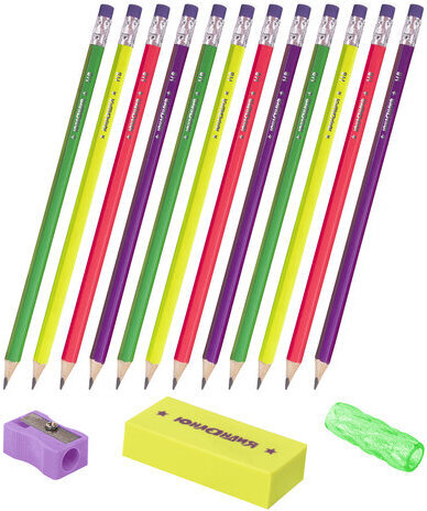 Набор ЮНЛАНДИЯ "Юный волшебник", 12 карандашей чернографитных + точилка + ластик + держатель, 181785