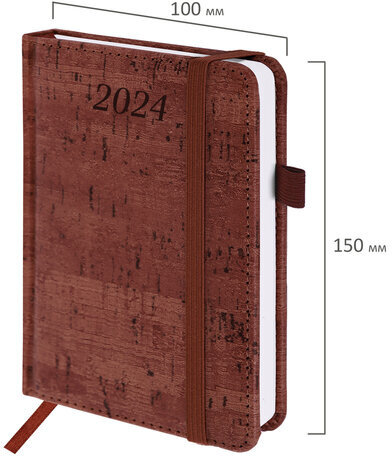 Ежедневник датированный 2024 МАЛЫЙ ФОРМАТ 100х150 мм А6, BRAUBERG "Wood", под кожу, коричневый, 114795
