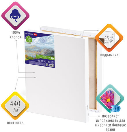 Холст 3D на подрамнике BRAUBERG ART CLASSIC 40х50см, 440г/м, грунт, 100% хлопок мелкое зерно, 191664