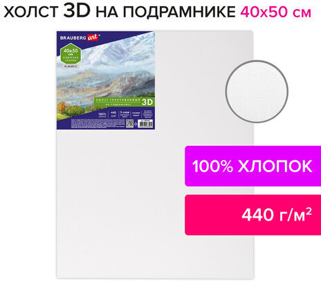 Холст 3D на подрамнике BRAUBERG ART CLASSIC 40х50см, 440г/м, грунт, 100% хлопок мелкое зерно, 191664