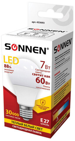 Лампа светодиодная SONNEN, 7 (60) Вт, цоколь E27, грушевидная, теплый белый свет, 30000 ч, LED A55-7W-2700-E27, 453693