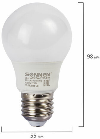 Лампа светодиодная SONNEN, 7 (60) Вт, цоколь E27, грушевидная, теплый белый свет, 30000 ч, LED A55-7W-2700-E27, 453693