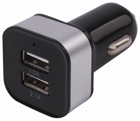 Зарядное устройство автомобильное SONNEN, 2 порта USB, выходной ток 2,1 А, черное-белое, 454796