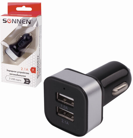 Зарядное устройство автомобильное SONNEN, 2 порта USB, выходной ток 2,1 А, черное-белое, 454796