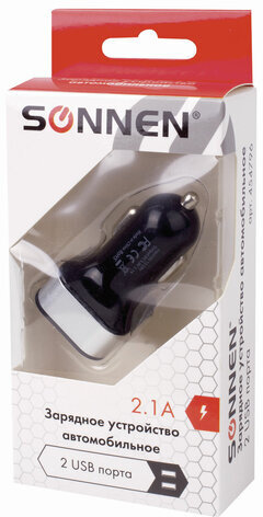 Зарядное устройство автомобильное SONNEN, 2 порта USB, выходной ток 2,1 А, черное-белое, 454796