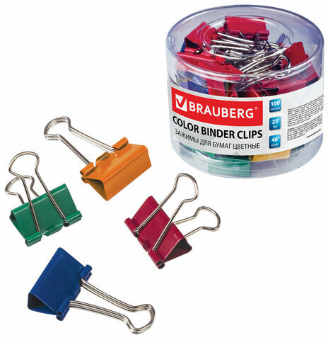 Зажимы для бумаг BRAUBERG, КОМПЛЕКТ 48 шт., 25 мм, на 100 листов, цветные, в пластиковом цилиндре, 221128