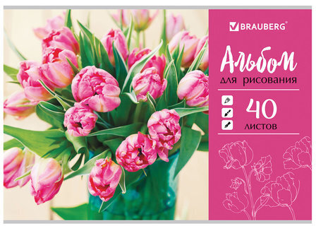 Альбом для рисования А4 40 листов, скоба, обложка картон, BRAUBERG, 202х285 мм, "Тюльпаны" (1 вид), 105088