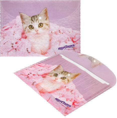 Папка-конверт с кнопкой ЮНЛАНДИЯ "Котенок", А4, 160 мкм, до 100 листов, цветная печать, 228049