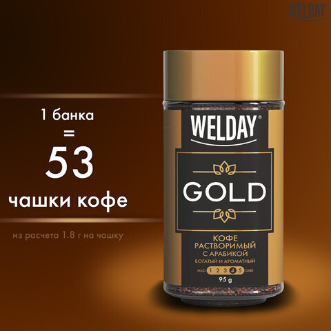 Кофе растворимый WELDAY "Gold", сублимированный, 95 г, стеклянная банка, 622675