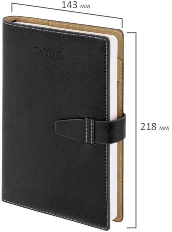 Ежедневник датированный 2026, А5, 143х218 мм, BRAUBERG "Journal", под кожу, застежка, держатель для ручки, органайзер, черный, 117382