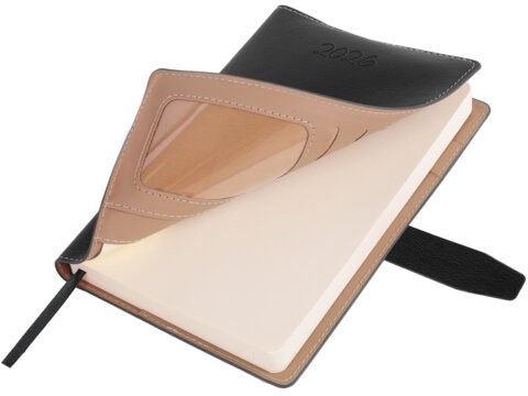 Ежедневник датированный 2026, А5, 143х218 мм, BRAUBERG "Journal", под кожу, застежка, держатель для ручки, органайзер, черный, 117382