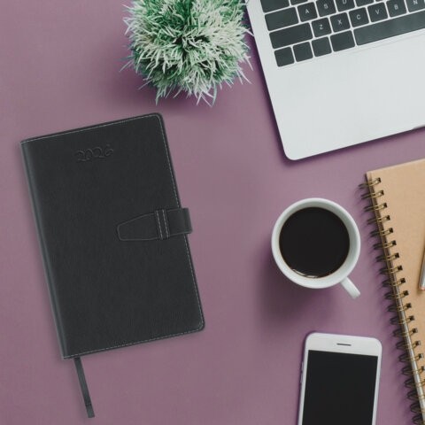 Ежедневник датированный 2026, А5, 143х218 мм, BRAUBERG "Journal", под кожу, застежка, держатель для ручки, органайзер, черный, 117382