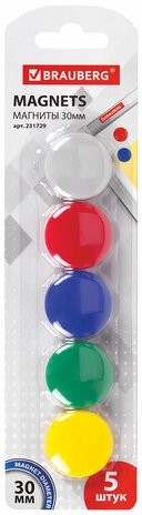 Магниты диаметром 30 мм, КОМПЛЕКТ 5 штук, цвет АССОРТИ, в блистере, BRAUBERG, 231729
