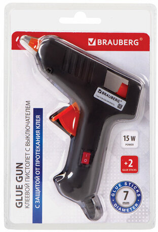 Клеевой пистолет 15 Вт для стержня 7 мм, с выключателем, BRAUBERG, в блистере, 671051