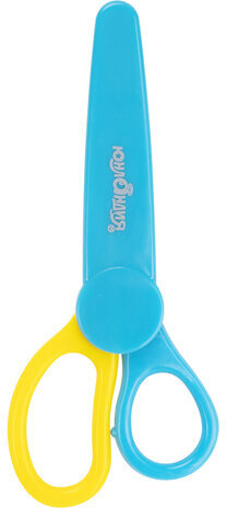 Ножницы ЮНЛАНДИЯ, 135 мм, с футляром для лезвий, желто-голубые, блистер, 237110