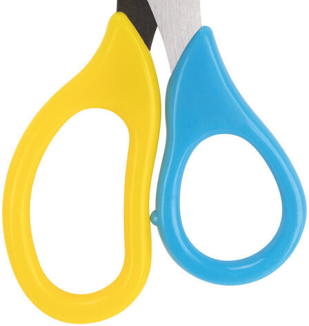 Ножницы ЮНЛАНДИЯ, 135 мм, с футляром для лезвий, желто-голубые, блистер, 237110