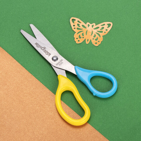 Ножницы ЮНЛАНДИЯ, 135 мм, с футляром для лезвий, желто-голубые, блистер, 237110