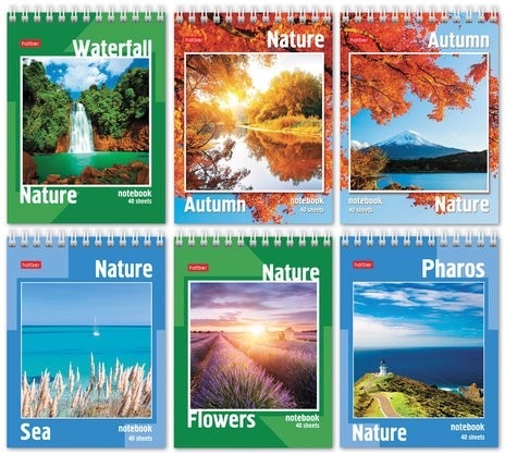 Блокнот МАЛЫЙ ФОРМАТ (110х145 мм) А6, 40 л., гребень, лакированная обложка, клетка, HATBER, "Пейзажи", 40Б6B1гр, В12307