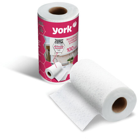 Салфетки универсальные в рулоне 100 шт. СОТЫ 22,5х25 см, 40 г/м2, 30% вискоза 70% полиэфир, YORK, 20430