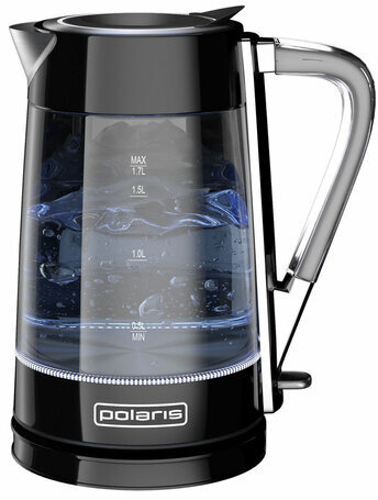 Чайник POLARIS PWK 1715 CGL, 1,7 л, 1850-2200 Вт, закрытый нагревательный элемент, стекло, черный, 48643, PWK 1715 CGL b