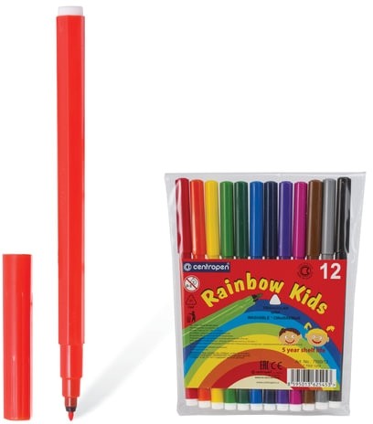 Фломастеры 12 ЦВЕТОВ CENTROPEN "Rainbow Kids", круглые, смываемые, вентилируемый колпачок, 7550/12ET, 7 7550 1202