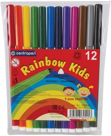 Фломастеры 12 ЦВЕТОВ CENTROPEN "Rainbow Kids", круглые, смываемые, вентилируемый колпачок, 7550/12ET, 7 7550 1202