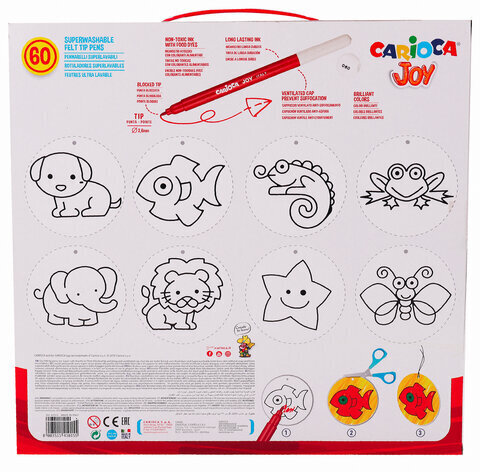 Фломастеры CARIOCA (Италия) "Joy", 60 шт., 30 цветов, суперсмываемые, картонная коробка с ручкой, 41015