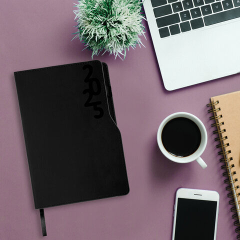 Ежедневник датированный 2025, А5, 150x213 мм, BRAUBERG "Up", под кожу, софт-тач, держатель для ручки, черный, 115840