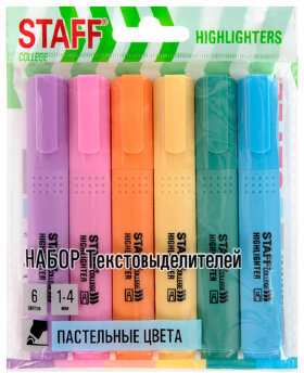 Набор текстовыделителей 6 ПАСТЕЛЬНЫХ ЦВЕТОВ, АССОРТИ, STAFF College &quot;STICK PASTEL&quot;, линия письма 1-4 мм, скошенный наконечник, 152532