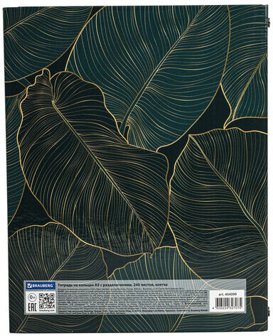 Тетрадь на кольцах А5 175х215 мм, 240 л., твердый картон, с разделителями, BRAUBERG, "Листья", 404099