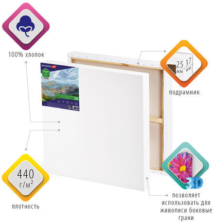 Холст 3D на подрамнике BRAUBERG ART CLASSIC 50х50см, 440г/м, грунт, 100% хлопок мелкое зерно, 191665