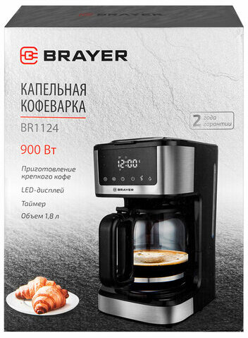 Кофеварка капельная BRAYER BR1124, 900 Вт, объем 1,8 л, LED-дисплей, поддержание температуры, черная