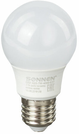 Лампа светодиодная SONNEN, 7 (60) Вт, цоколь Е27, груша, нейтральный белый свет, 30000 ч, LED A55-7W-4000-E27, 453694