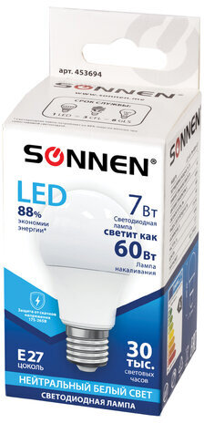 Лампа светодиодная SONNEN, 7 (60) Вт, цоколь Е27, груша, нейтральный белый свет, 30000 ч, LED A55-7W-4000-E27, 453694