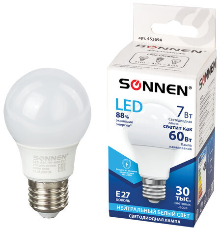 Лампа светодиодная SONNEN, 7 (60) Вт, цоколь Е27, груша, нейтральный белый свет, 30000 ч, LED A55-7W-4000-E27, 453694