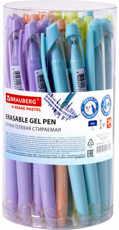 Ручка стираемая гелевая с грипом BRAUBERG X-ERASE PASTEL, СИНЯЯ, узел 0,7 мм, линия 0,35 мм, 143953