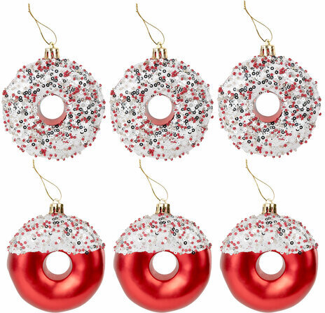 Украшение ёлочное 6 шт., 8 см, "Пончики", красный/белый, пластик, ЗОЛОТАЯ СКАЗКА, 592171