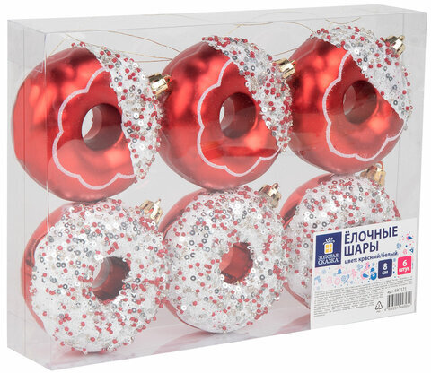 Украшение ёлочное 6 шт., 8 см, "Пончики", красный/белый, пластик, ЗОЛОТАЯ СКАЗКА, 592171