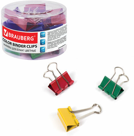 Зажимы для бумаг BRAUBERG, КОМПЛЕКТ 24 шт., 32 мм, на 140 листов, цветные, в пластиковом цилиндре, 221129