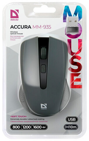 Мышь беспроводная DEFENDER Accura MM-935, 3 кнопки + 1 колесо-кнопка, оптическая, серая, 52936