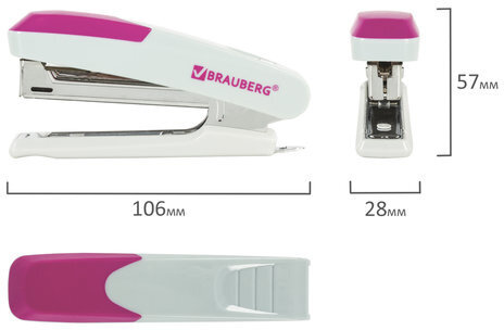 Степлер №10 BRAUBERG "Delta", до 12 листов, с резиновой накладкой и антистеплером, серый, розовая вставка, 222556