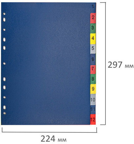 Разделитель пластиковый BRAUBERG, А4, 12 листов, цифровой 1-12, оглавление, цветной, РОССИЯ, 225610