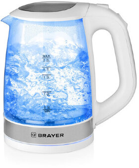 Чайник BRAYER BR1040WH, 2 л, 2200 Вт, закрытый нагревательный элемент, стекло, белый
