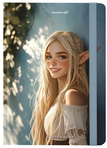 Скетчбук, белая бумага 80 г/м2, 145х203 мм, 80 л., резинка, твердый, BRAUBERG ART, "Эльфийка", 116892