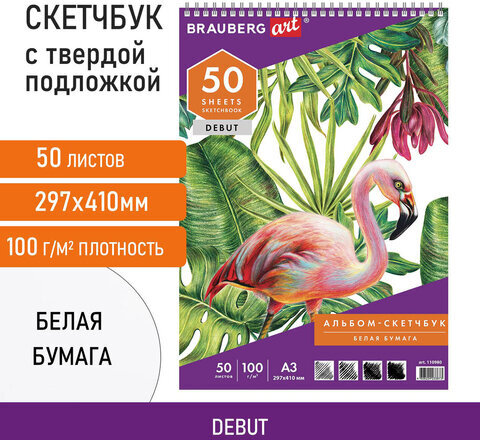 Скетчбук, белая бумага 100 г/м2, 297х410 мм, 50 л., гребень, жёсткая подложка, BRAUBERG ART DEBUT, 110980