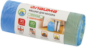 Мешки для мусора с завязками 30 л, синие, в рулоне 20 шт., прочные, ПНД 12 мкм, 50х60 см, LAIMA, 601395