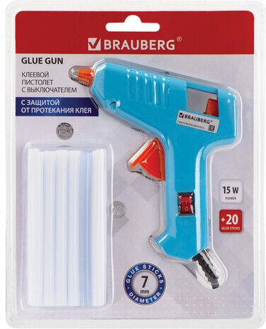 Клеевой пистолет 15 Вт для стержня 7 мм, комплект 20 стержней (10 белых + 10 прозрачных), BRAUBERG, 671052