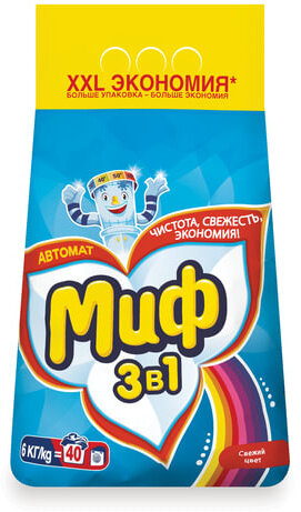 Стиральный порошок-автомат 6 кг, МИФ 3 в 1 "Свежий цвет"