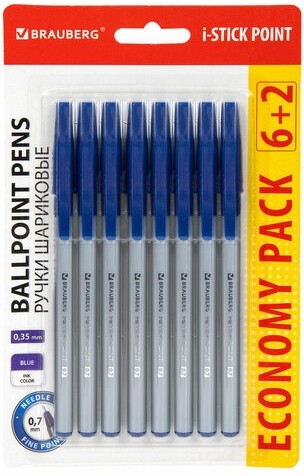 Ручки шариковые с грипом BRAUBERG "i-STICK POINT", НАБОР 6+2 ШТ., СИНИЕ, линия письма 0,35 мм, блистер, 144026